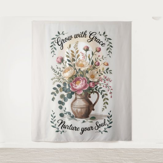 Vase mit Florals wachsen mit Grace Zitat Wandteppich (Vorderseite)