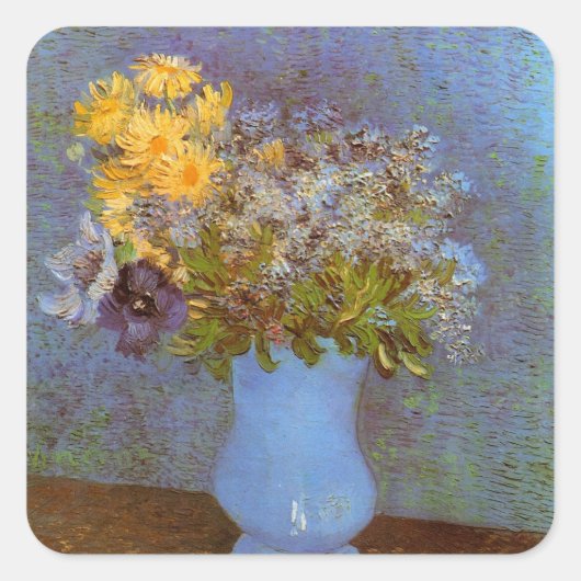 Vase mit Lilacs und Daisis von Vincent van Gogh Quadratischer Aufkleber (Vorderseite)