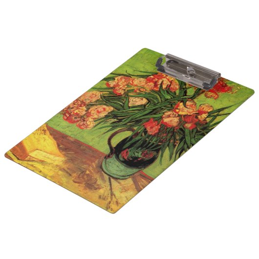 Vase mit Oleanders und Bücher von Vincent van Gogh Klemmbrett (Schrägansicht)