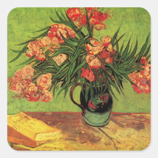 Vase mit Oleanders und Bücher von Vincent van Gogh Quadratischer Aufkleber (Vorderseite)