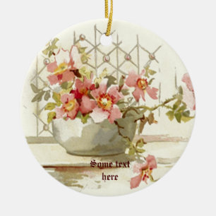 Vase mit Pinkrosen Vintage Aquarellverzierung Keramikornament