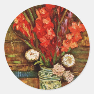 Vase mit rotem Gladiolideutsch: Stillleben mit Rot Runder Aufkleber