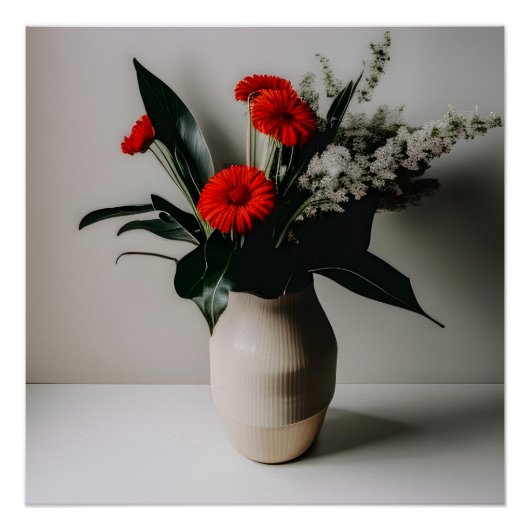 Vase mit roten und weißen Blume Poster (Vorderseite)