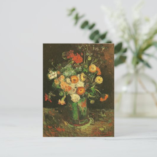 Vase mit Zinnias & Geraniums Van Gogh Fine Art Postkarte (Stehend Vorderseite)