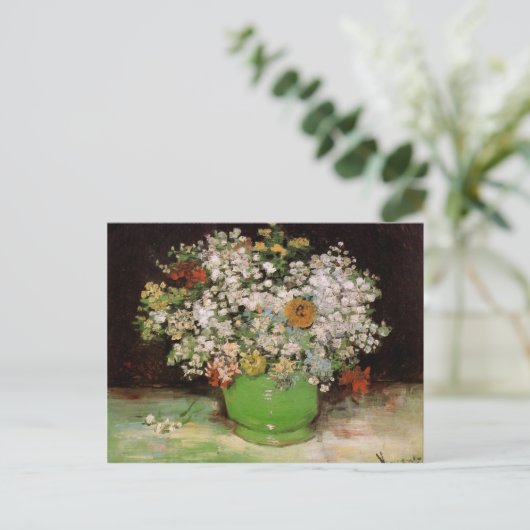 Vase mit Zinnias und anderen Blume Postkarte (Stehend Vorderseite)