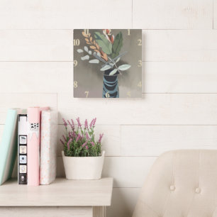 Vase of leaves minimalist art quadratische wanduhr