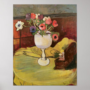 Vase von Blume, Anemone aus weißem Glas Poster