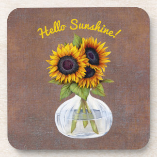 Vase von drei schönen Sonnenblumen auf braun Getränkeuntersetzer