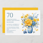 Vase Yellow Blue Blumen 70. Geburtstag Einladung (Vorne/Hinten)