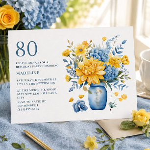 Vase Yellow Blue Blumen 80. Geburtstag Einladung