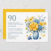 Vase Yellow Blue Blumen 90. Geburtstag Einladung (Vorne/Hinten)