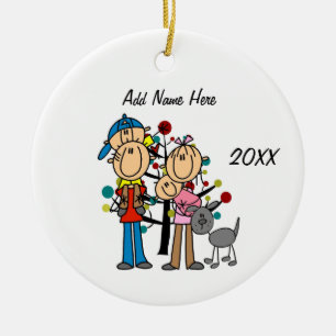 Vater, Mama, Kleinkind, Baby Girl, Grauer Hund Keramik Ornament