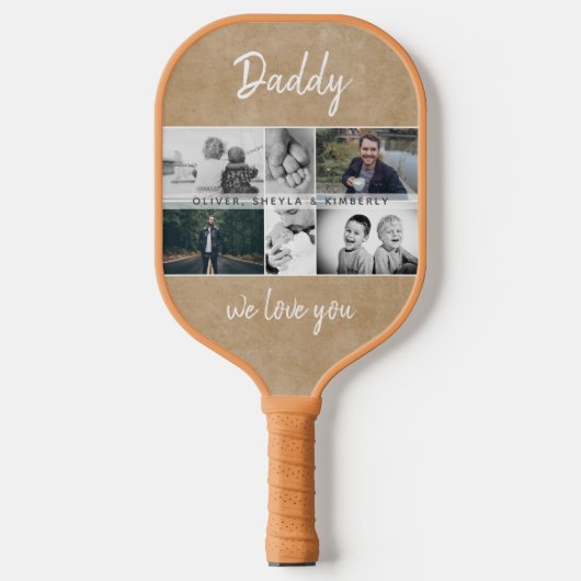 Vater mit Kindern und Vater FotoCollage Pickleball Schläger (Vorderseite)