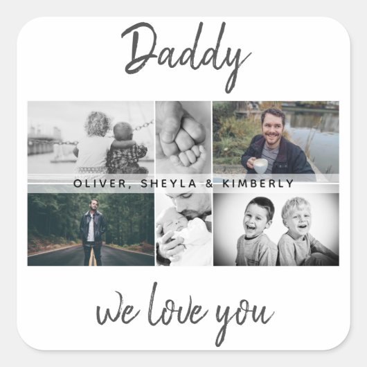 Vater mit Kindern und Vater FotoCollage Quadratischer Aufkleber (Vorderseite)