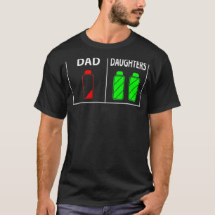 Vater mit niedrigem Akku von zwei Töchterinnen am  T-Shirt