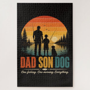 Vater Sohn Hund Angeln Morgen Puzzle