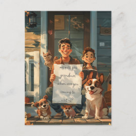 Vater, Sohn, Hunde und Katze Postkarte