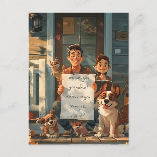 Vater, Sohn, Hunde und Katze Postkarte (Vorderseite)