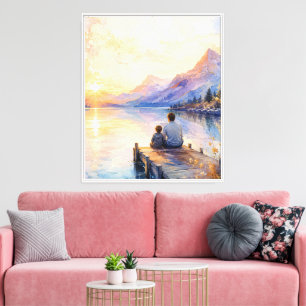 Vater-und-Sohn-See-Wasserfarben-Kunstwerk Leinwanddruck