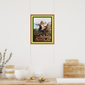 Vater und Sohn sitzen mit Teleskop auf der Mauer Poster (Küche)