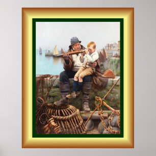 Vater und Sohn sitzen mit Teleskop auf der Mauer Poster