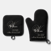 Vater von Bride Monogram Geschenk Moderner Schwarz Ofenhandschuh & Topflappen-Set (Vorderseite)