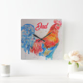 Vater zum Red Rooster Watercolor Painting Vathers Quadratische Wanduhr (Zuhause)