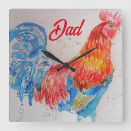Vater zum Red Rooster Watercolor Painting Vathers  Quadratische Wanduhr