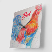 Vater zum Red Rooster Watercolor Painting Vathers Quadratische Wanduhr (Winkel)