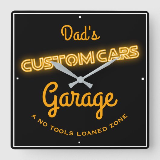 Vaters Custom Cars Garage Gold Imitate Neon Funny Quadratische Wanduhr (Vorderseite)