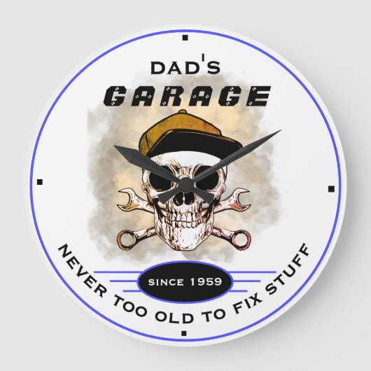 Vaters Garage nie zu alte Schädelwanzen blau Große Wanduhr (Vorderseite)