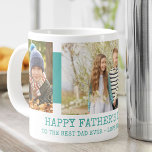 Vatertag Bester Vater je 3 Foto Aquamarin Jumbo-Tasse<br><div class="desc">Tasse zum personalisierten Vatertag für Vater. Diese Foto-Tasse zeichnet sich durch ein modernes aquamarin-weißes Design mit trendiger Schrift-Typografie aus. Die Fotovorlage ist für Sie bereit, 3 Ihrer Lieblingsbilder der Familie hinzuzufügen (2x Portrait und 1x Landschaft wird am einfachsten zu bearbeiten sein). Sie können auch die Formulierung, die derzeit liest "glückliche...</div>