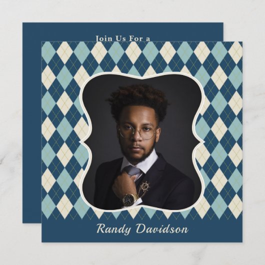 Vatertag Custom Foto Blue Raute Dinner Party Einladung (Vorne/Hinten)