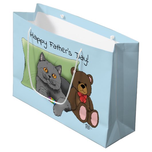 Vatertag Graue Katze Große Geschenktüte (Vorderseite Schrägansicht)