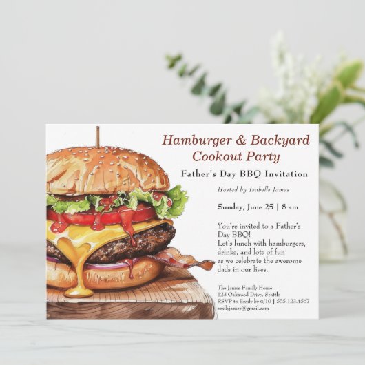 Vatertag GRILLEN Einladung - Juicy Hamburger Cook (Stehend Vorderseite)