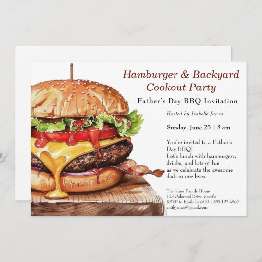 Vatertag GRILLEN Einladung - Juicy Hamburger Cook (Vorne/Hinten)