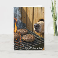 Vatertag-Hund schnüffelt Hamburger auf einem Grill