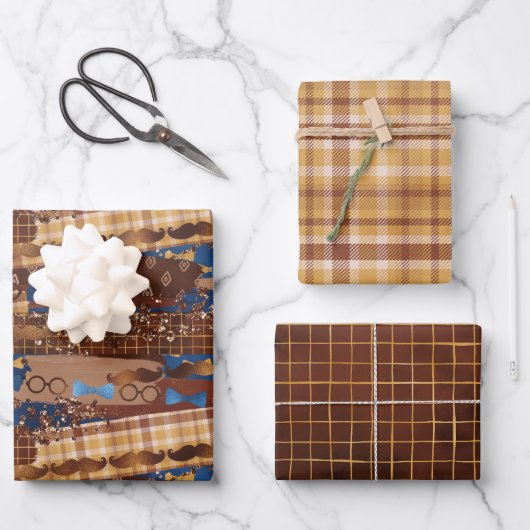 Vatertag Krawatte, Brillen & Mustaches Wrappin Geschenkpapier Set (Vorderseite)