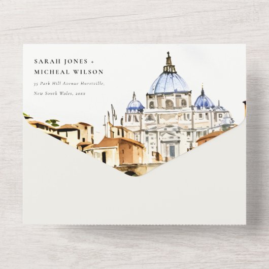 Vatikanstadt Rom Italien Wasserfarbenwelt Hochzeit All In One Einladung (Rückseite)