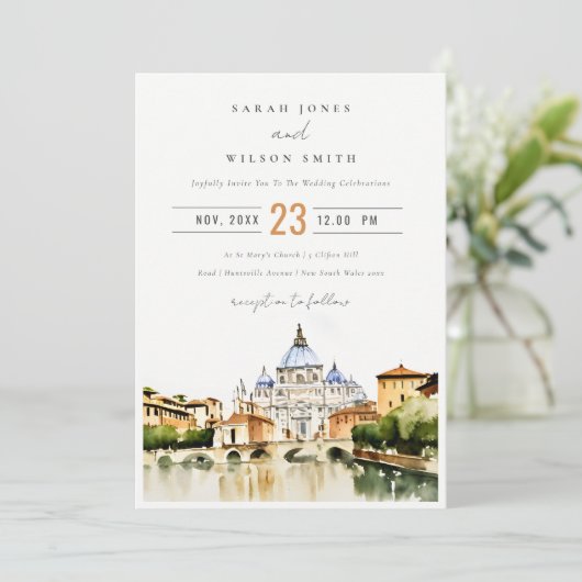 Vatikanstadt Rom Italien Wasserfarbenwelt Hochzeit Einladung (Stehend Vorderseite)
