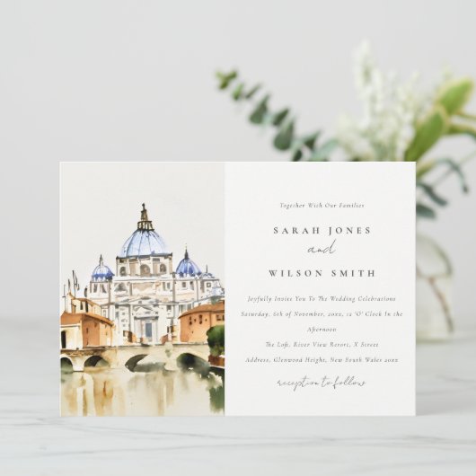 Vatikanstadt Rom Italien Wasserfarbenwelt Hochzeit Einladung (Stehend Vorderseite)