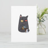 Vector Black Cat trinkt Kaffee und verschüttet vor Dankeskarte (Stehend Vorderseite)