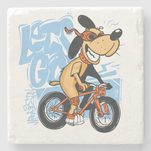 Vector Cartoon Hund Fahrrad fahren Steinuntersetzer (Vorderseite)