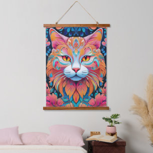 Vector Cat Wall Tapestry Wandteppich Mit Holzrahmen