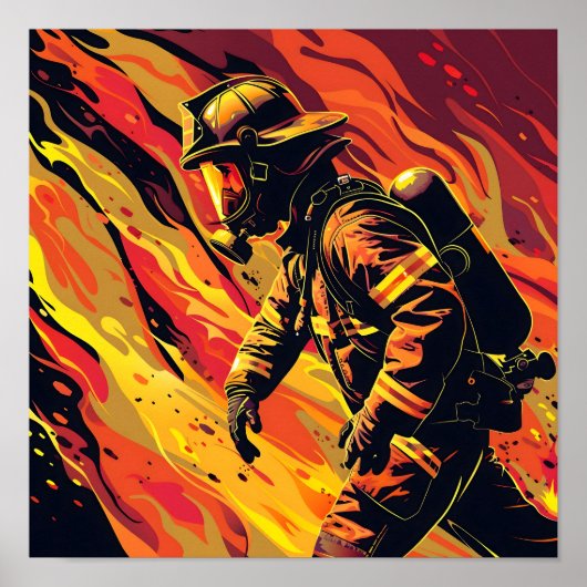 Vector Firefighter mit Flammenhintergrund Poster (Vorne)