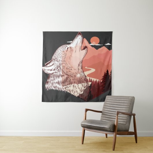 Vector Illustration eines hewling wolf Landscape T Wandteppich (Beispiel)