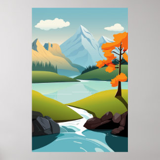 Vector Lake View Mountain Background Poster
