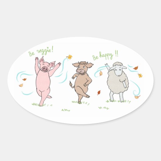 Vegan - Aufkleber: Schwein, Kuh und Schaf Ovaler Aufkleber (Vorderseite)
