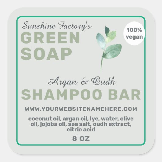 Vegan Soap Shampoo Bar Green Square Aufkleber (Vorderseite)