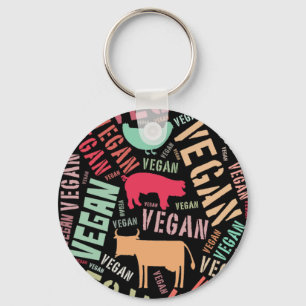 "Vegan" Word-Cloud Mosaic with Cow, Pig & Hen Schlüsselanhänger